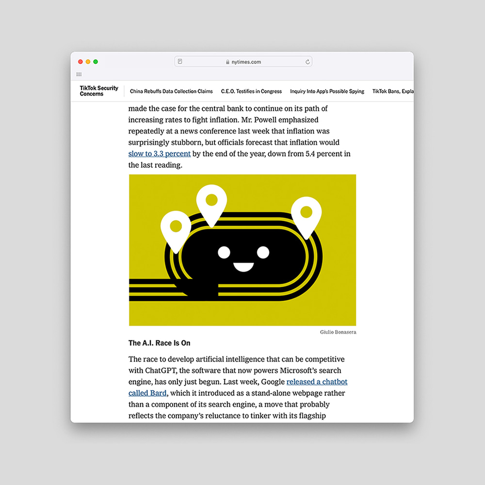 Layout of an Editorial illustration depicting AI race, The New York Times, by Giulio Bonasera