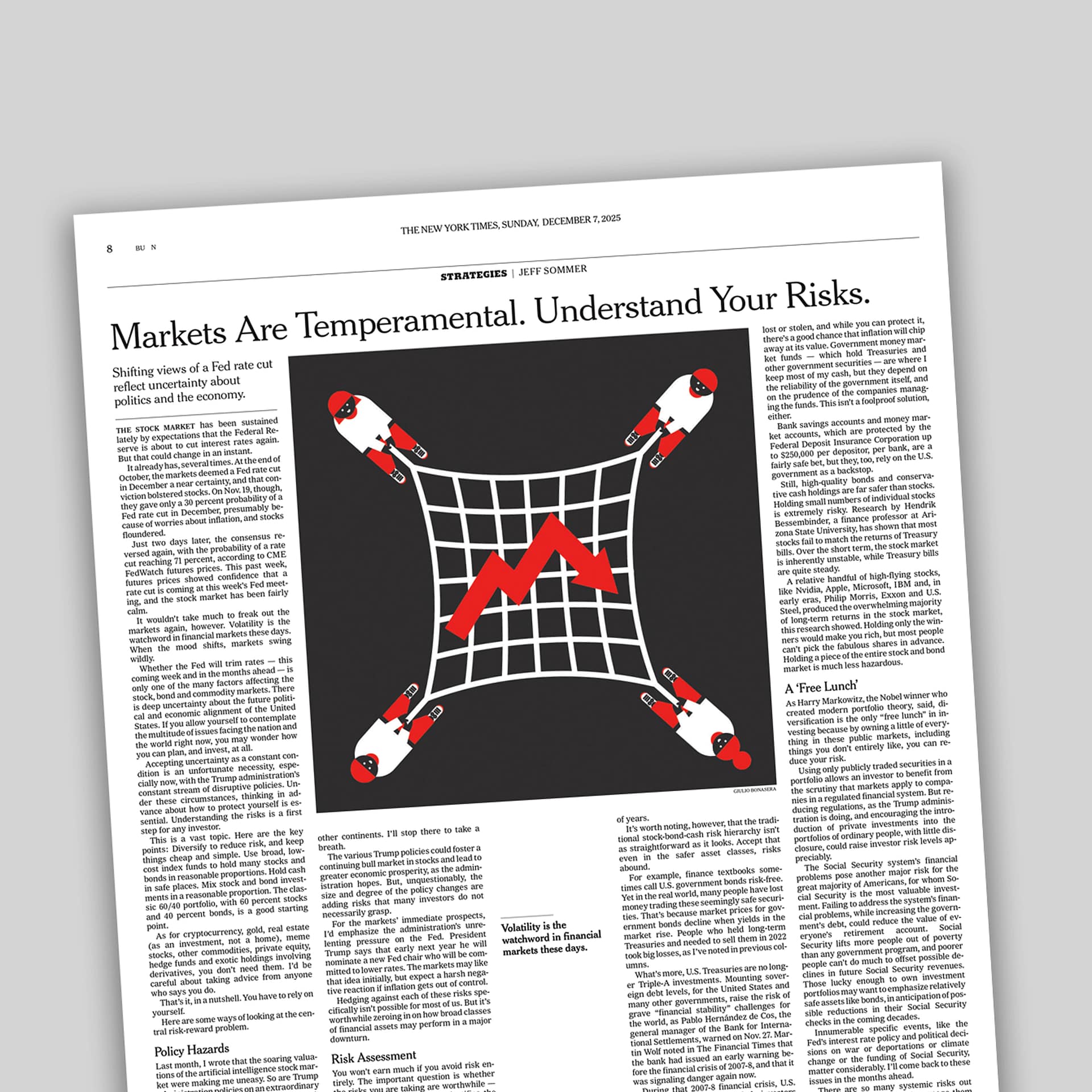Printed layout of a Conceptual editorial illustration in context about financial risk and market volatility, drawn in a minimal and stylized graphic language.